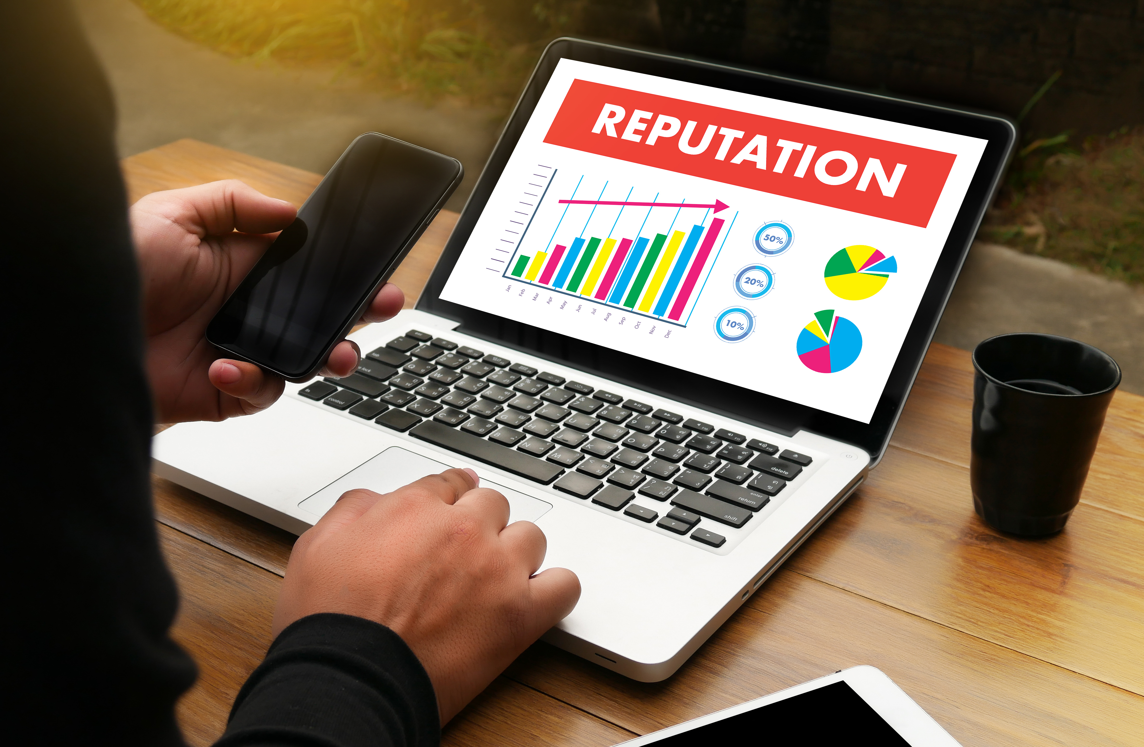 Laptop screen showing a banner saying reputation with pie chart and a bar chart showing an increase.